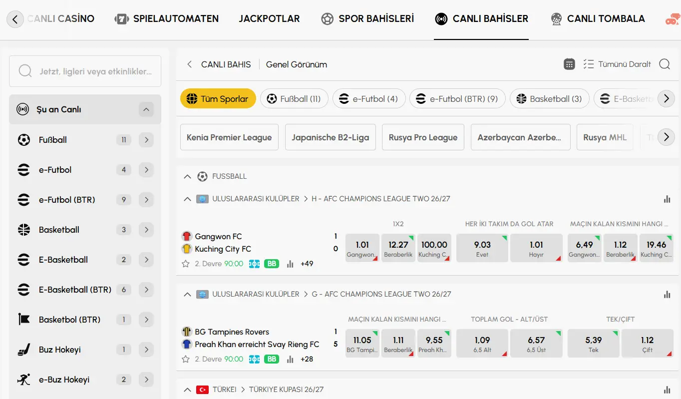 Sportangebot von Betebet mit Ereignisliste und Sportkategorien
