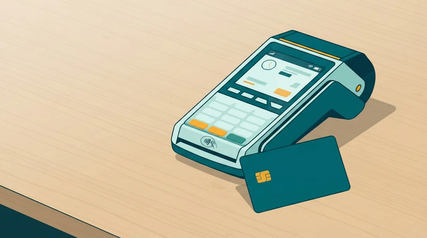 Bankkarte neben einem Kartenterminal auf einer Tischplatte