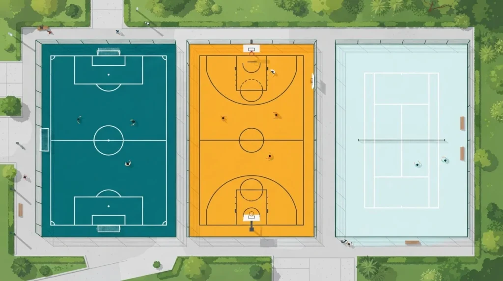 Fußballfeld, Basketballfeld und Tennisplatz in geometrischer Draufsicht