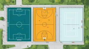 Fußballfeld, Basketballfeld und Tennisplatz in geometrischer Draufsicht