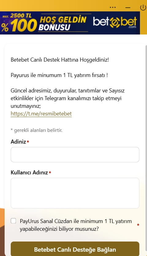 Kontaktbereich von Betebet mit Zugang zum Live-Chat