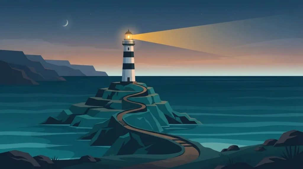 Leuchtturm auf felsiger Küste bei Abenddämmerung