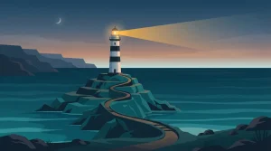 Leuchtturm auf felsiger Küste bei Abenddämmerung