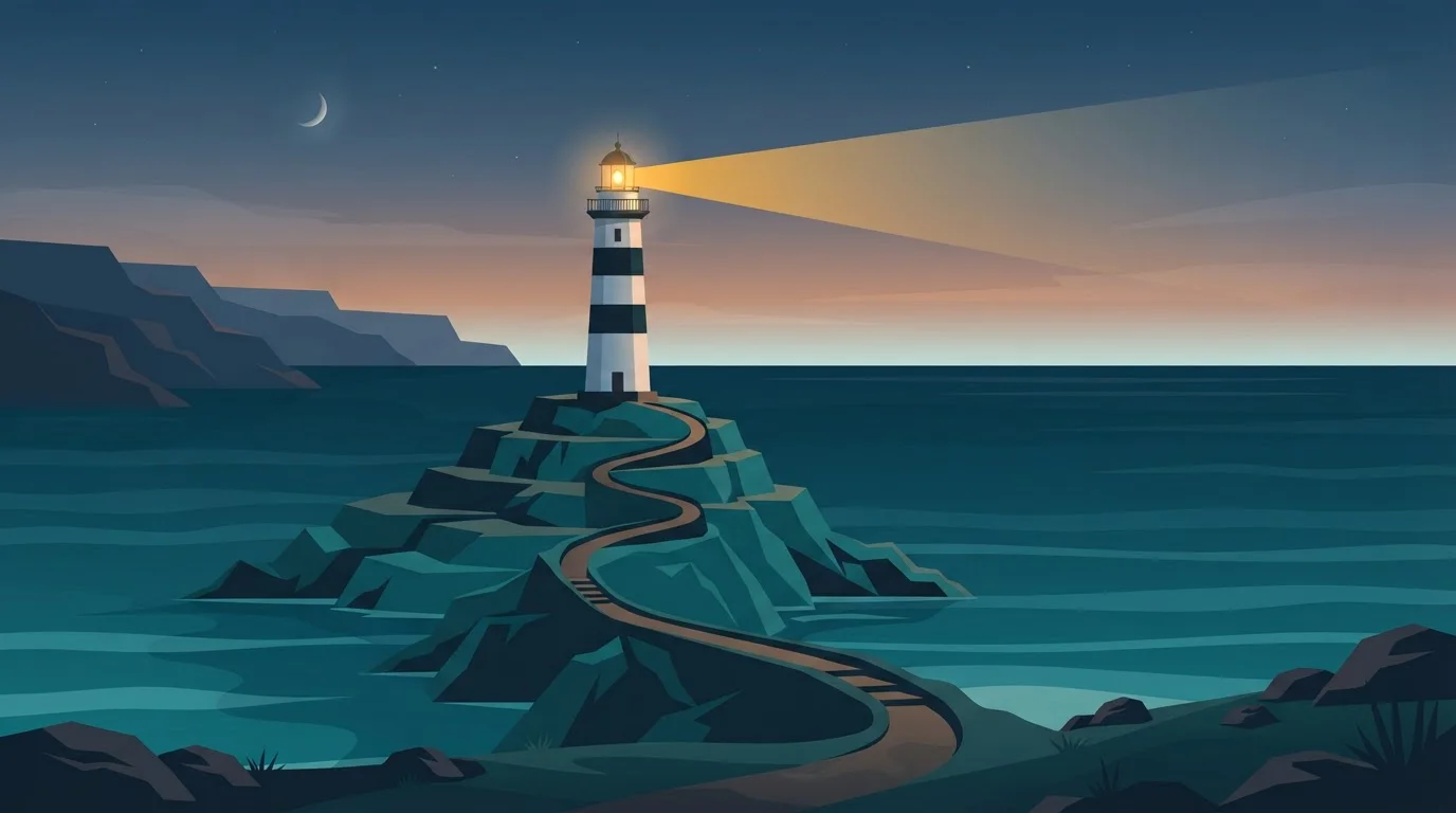 Leuchtturm auf felsiger Küste bei Abenddämmerung