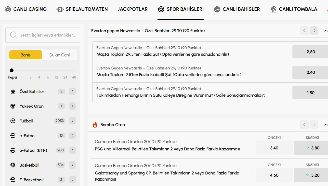 Live-Sportbereich von Betebet mit Sportauswahl und laufenden Ereignissen